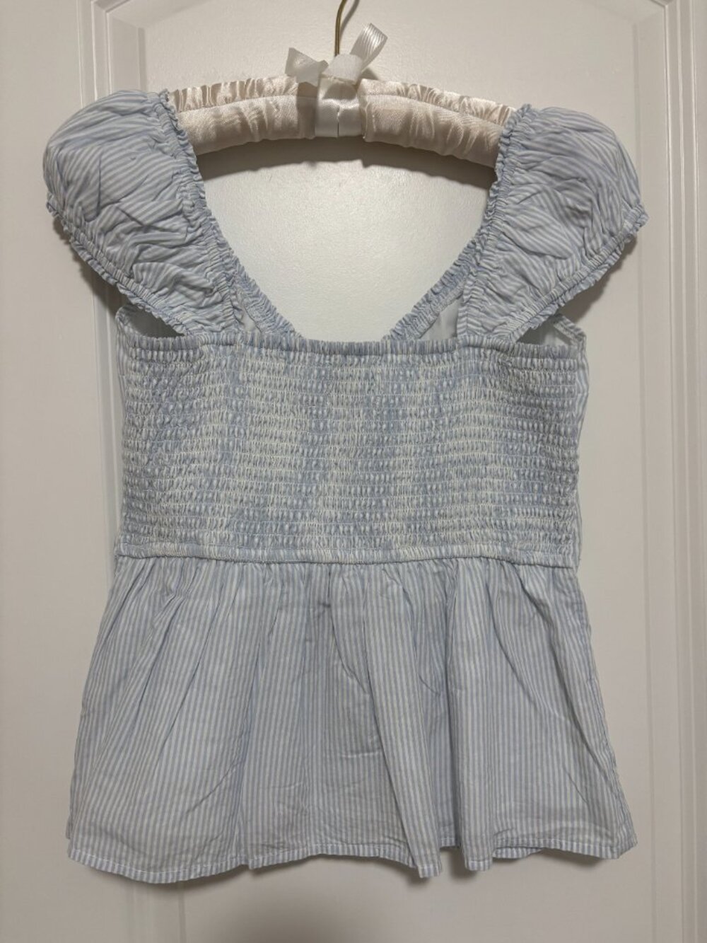 Hollister Blue White Stripe Cap Sleeve Smocked Peplum Blouse NWT M - Picture 3 of 11